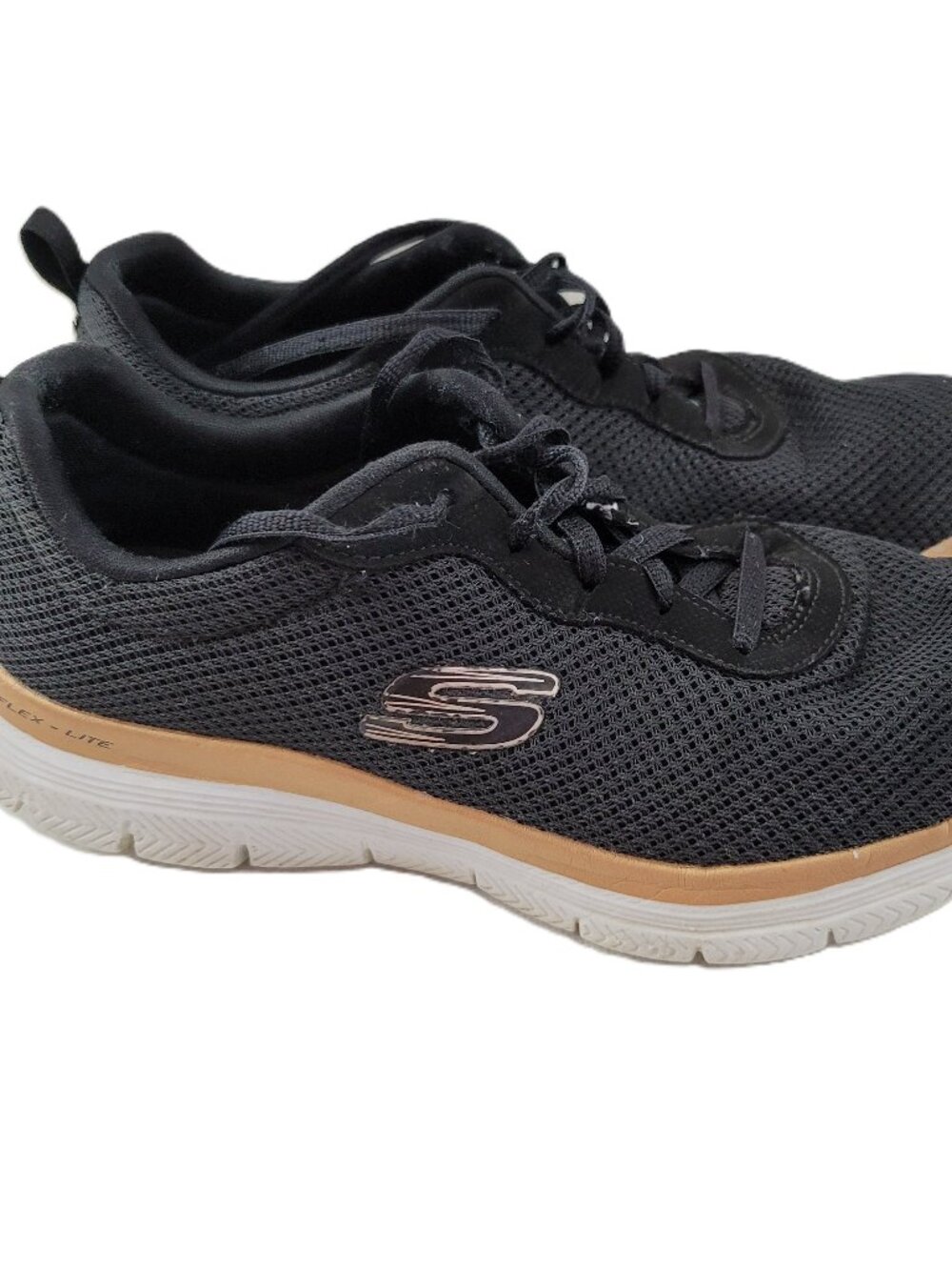 Skechers Flex-Lite Shoes Womens 7.5 Black Tan Walking Running Sneakers Lace-up